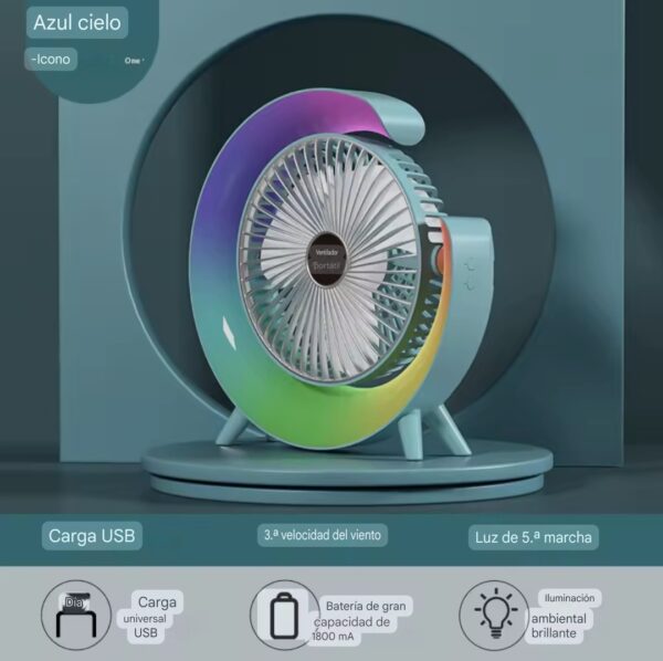 Ventilador de mesa recargable, modelo F13 con luz LED de ambiente, azul.