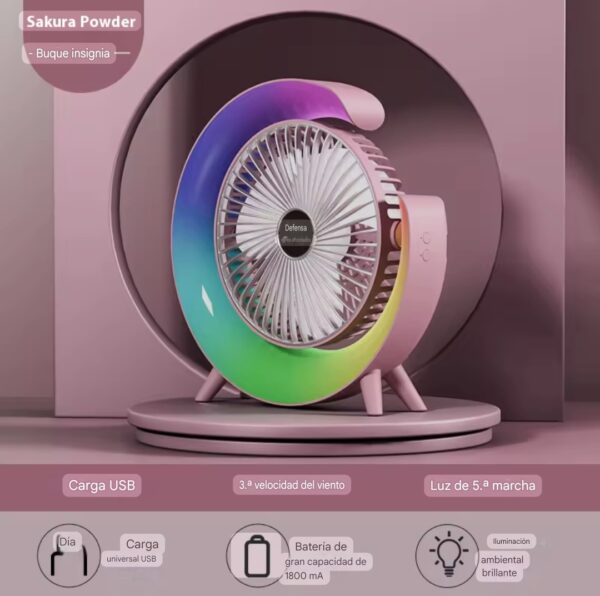 Ventilador de mesa recargable, modelo F13 con luz LED de ambiente, rosa.