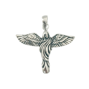 Joya de plata de ley, colgante de ángel, que simboliza protección y espiritualidad.