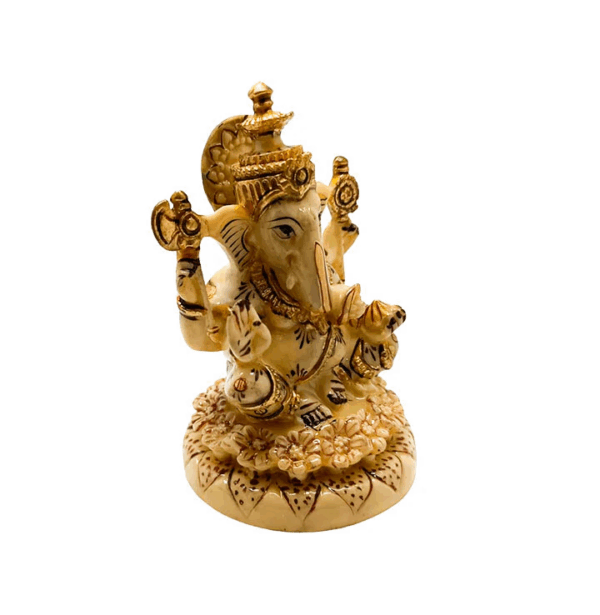 Estatua de la Diosa Ganesha en resina, ideal para la buena suerte y la prosperidad, lado lateral.