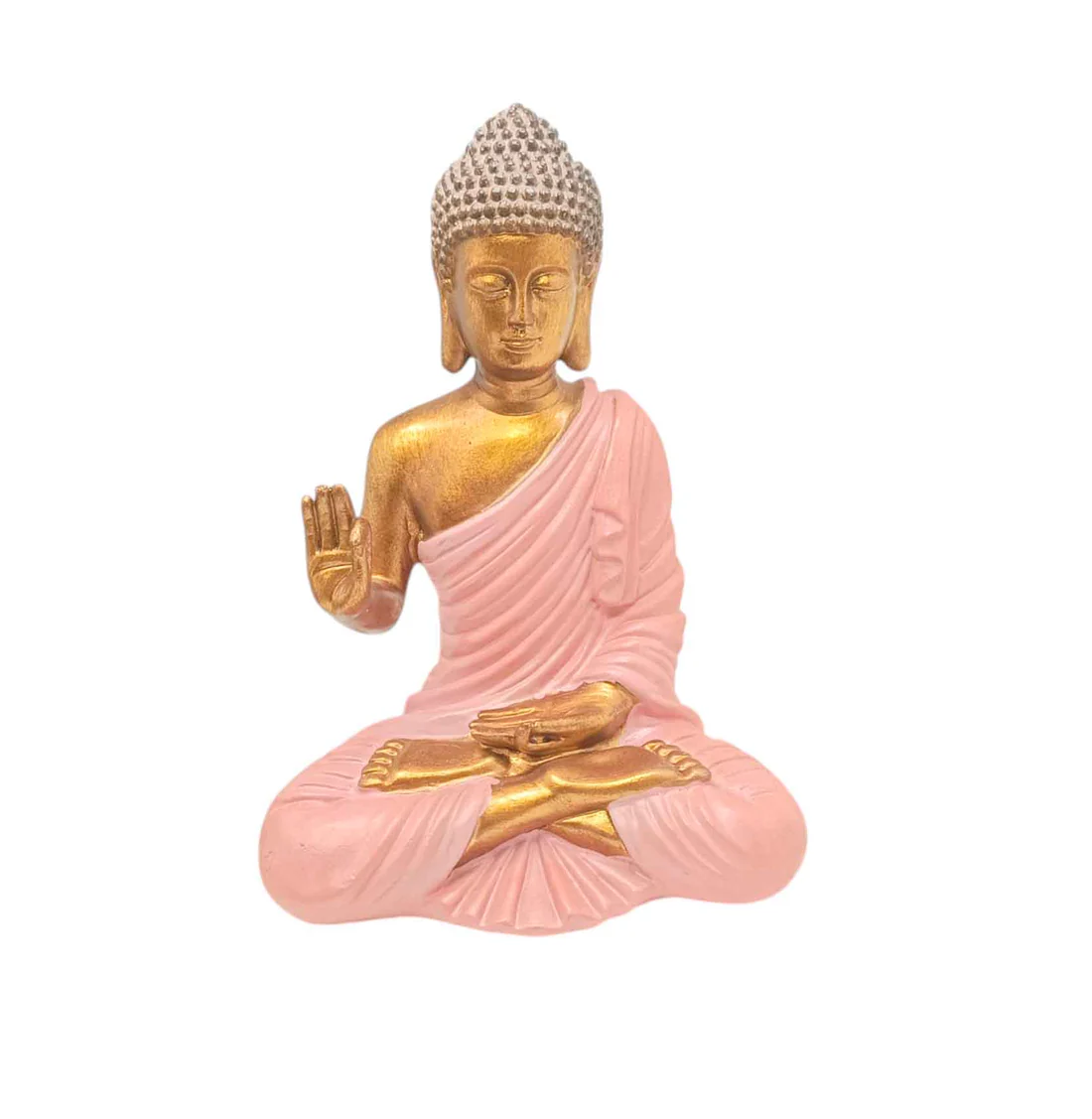 Estatua Buda Resina 23cm Color Rosa Dorado 🪷 Estatua de Buda Gautama de frente en posición de loto con túnica rosa pastel y piel dorada sobre fondo blanco