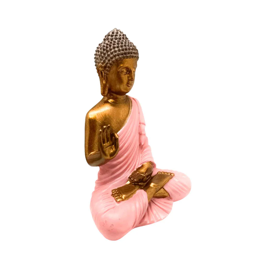 Figura Buda Resina Rosa 23cm Perfil 🌸 Figura de Buda meditando en resina de color rosa tierno con cuerpo dorado brillante en perspectiva de perfil lateral sobre fondo blanco