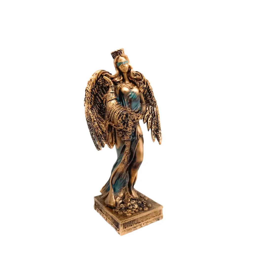Figura Resina Diosa Fortuna Abundancia 20cm 🪙 Figura de la Diosa Fortuna con alas en resina tonos cobre y azul de 20cm fotografiada en perspectiva de tres cuartos sobre fondo blanco