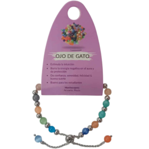 Pulsera ojo de gato de 6mm con cuentas de colores celeste blanco turquesa y acero