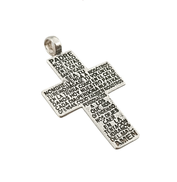 Colgante de plata de ley 925, Cruz del Padre Nuestro, joyería religiosa, lado lateral.
