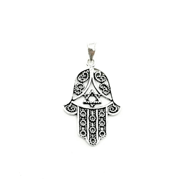 Colgante de plata 925 con Mano de Fátima de 26 x 17 mm. Joya de protección para mujer.