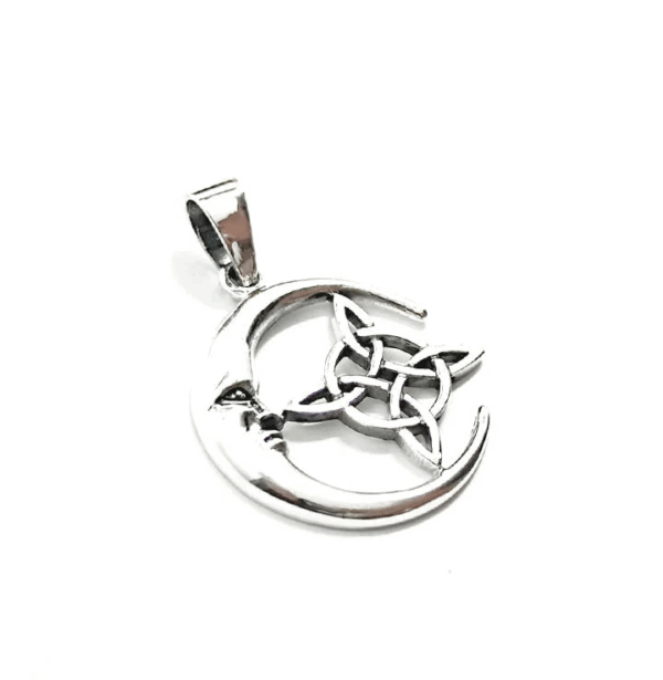 Colgante de plata de ley 925 con el Nudo de Bruja y la luna, amuleto de protección, 24 mm, lado lateral.