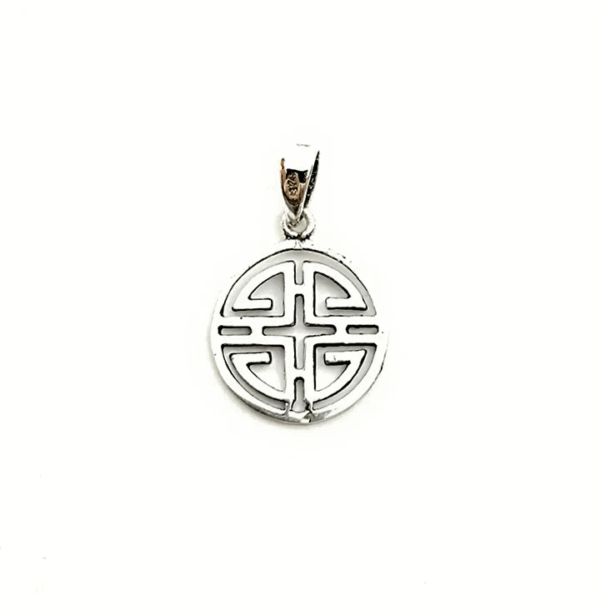Colgante de plata 925 con símbolo de longevidad Shou, 14 mm. Joya de la suerte.