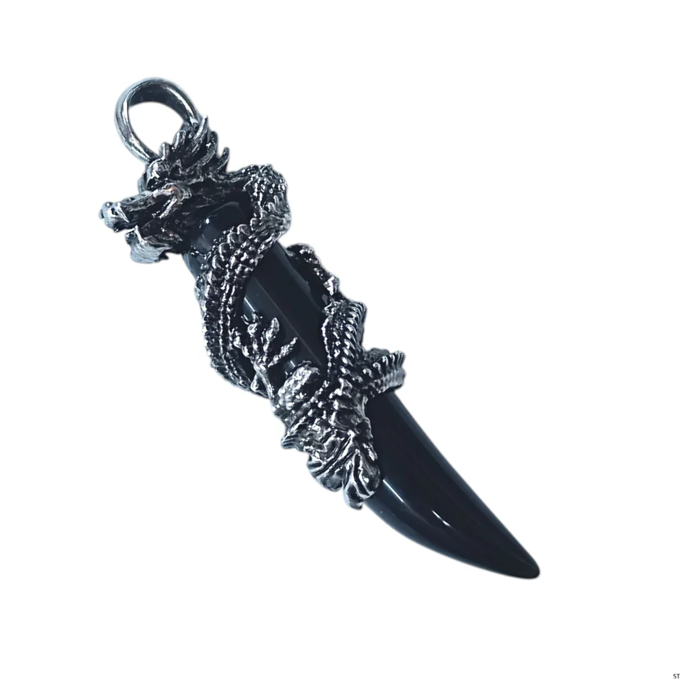 Colgante colmillo de dragón metal con piedra natural de Ónix 7cm El Bazar de Monty