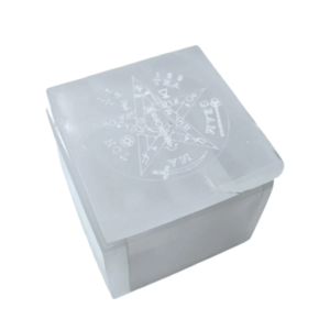 Joyero de selenita grabado Tetragramatón protección limpieza energética El Bazar de Monty