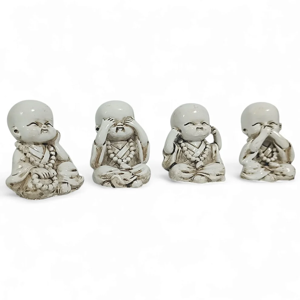 Juego Figura En Resina Buda Bebe 4 Unidades 5 Cms Aprox Lateral Detalle de las expresiones del Juego 4 figuras Buda Bebé resina de alta calidad