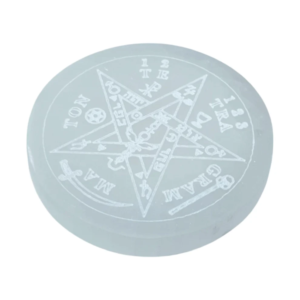 Plato de selenita grabado Tetragramatón protección limpieza energética El Bazar de Monty