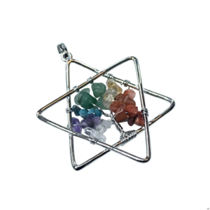Colgante estrella de los 7 chakras de metal plateado de 5cm con el árbol de la vida central en chips de minerales naturales en El Bazar de Monty