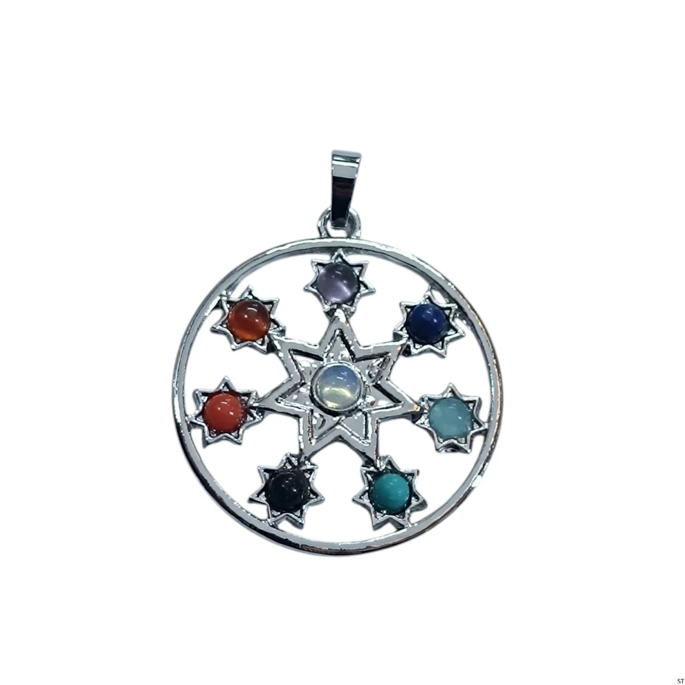 Colgante Metal 7 Chakras Estrella Heptagrama Mística 🌟 Medalla circular plateada de la linea colgante metal 7 chakras con diseño de estrella de siete puntas