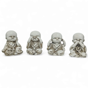 Juego de 4 figuras buda bebe de resina blanca estilo monjes sabios de la suerte