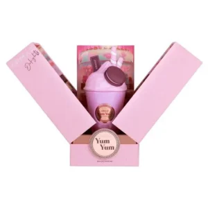 Fotografia real del perfume arabe delights yum yum de cien mililitros de la marca khadlaj mostrando su frasco de diseño premium junto a su caja elegante