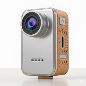Mini camara de pulgar 1080p hd marca City Baihuo con frontal metalico satinado y chasis lateral forrado en cuero marron elegante