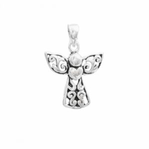 Colgante de angel de la guarda en plata de ley novecientos veinticinco con alas caladas de filigrana relieve envejecido oscuro y corazon en el pecho