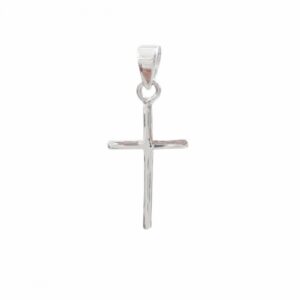 Colgante de cruz latina fina de plata de ley novecientos veinticinco con superficie lisa pulida brillante y reasa superior