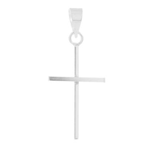Colgante de cruz fina de plata de ley novecientos veinticinco con diseño de lineas delgadas y rectas con acabado liso pulido brillante