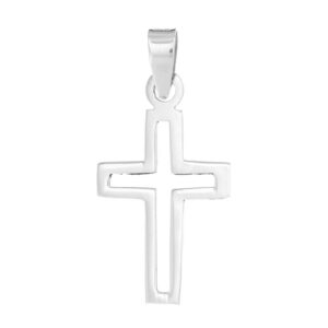 Colgante de cruz de plata de ley novecientos veinticinco con diseno minimalista y calado interior continuo que sigue la silueta recta
