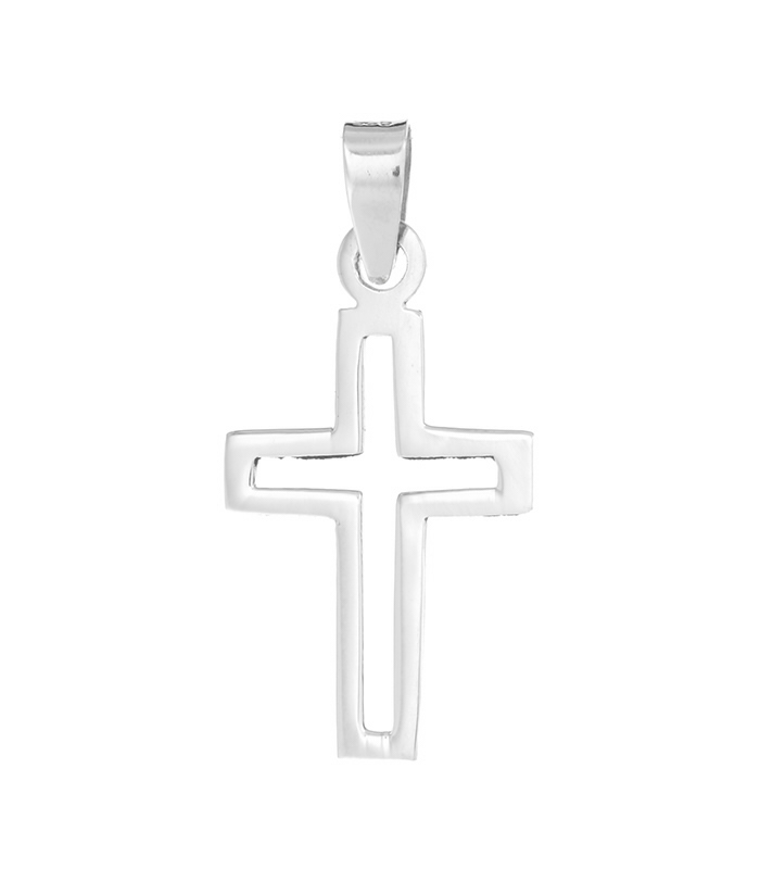 Colgante Plata Cruz Calada Minimalista 13mm ✨⛪ Colgante de cruz de plata de ley novecientos veinticinco con diseno minimalista y calado interior continuo que sigue la silueta recta