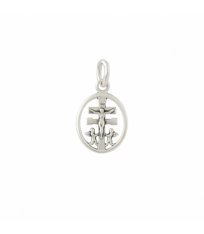 Colgante Plata Cruz Caravaca Medalla 10mm ✝️✨ Colgante medalla ovalada de plata de ley novecientos veinticinco con diseño calado de la cruz de caravaca con jesucristo y dos angeles