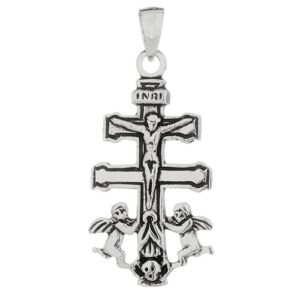 Colgante de la cruz de caravaca en plata de ley novecientos veinticinco con relieve envejecido oscuro jesucristo la inscripcion inri y dos angeles en la base