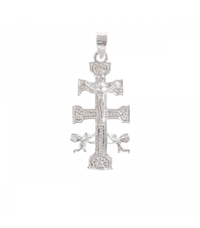 Colgante Plata Cruz Caravaca Relieve 30mm ✝️✨ Colgante de la cruz de caravaca en plata de ley novecientos veinticinco con doble brazo cristo crucificado angeles custodios laterales y relieve envejecido oscuro