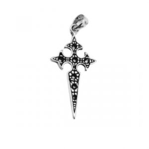 Colgante de la cruz de santiago en plata de ley novecientos veinticinco con forma de espada y flor de lis relieve interior oxidado oscuro
