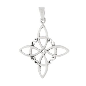 Colgante de plata de ley novecientos veinticinco con diseño de nudo de bruja wicca formado por cuatro lazos entrelazados sobre un circulo