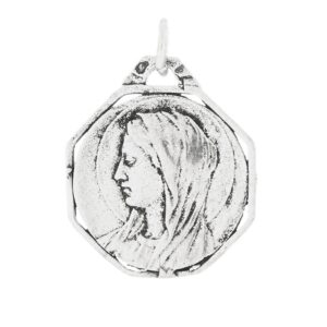 Colgante de la virgen maria de perfil con velo y halo en plata de ley novecientos veinticinco con marco exterior octogonal de ocho lados texturizado