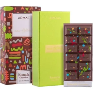 Fotografia real del perfume arabe dubai delicacy kunafa chocolate de setenta mililitros de la marca khadlaj mostrando su frasco exclusivo junto a su caja de lujo inspirada en el chocolate de dubai