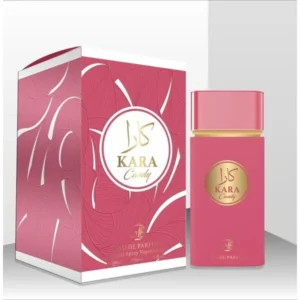 Fotografia real del perfume arabe kara candy de cien mililitros de la marca blue dreams mostrando su frasco exclusivo de diseño oriental junto a su caja elegante