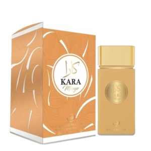 Fotografia real del perfume arabe kara mango de cien mililitros de la marca blue dreams mostrando su frasco exclusivo de diseño oriental junto a su caja elegante