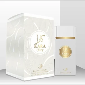 Fotografia real del perfume arabe kara moy de cien mililitros de la marca blue dreams mostrando su frasco exclusivo de diseño oriental junto a su caja elegante