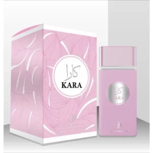 Fotografia real del perfume arabe kara rosa de cien mililitros de la marca blue dreams mostrando su frasco elegante de diseño oriental junto a su caja exclusiva
