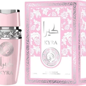 Fotografia real del perfume arabe kyra de cien mililitros de la marca afaq mostrando su frasco de diseño exclusivo de lujo junto a su caja elegante