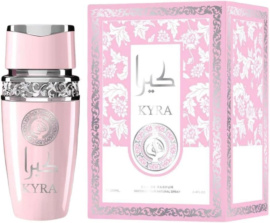 Perfume Arabe Kyra Afaq Original 👑 Fotografia real del perfume arabe kyra de cien mililitros de la marca afaq mostrando su frasco de diseño exclusivo de lujo junto a su caja elegante