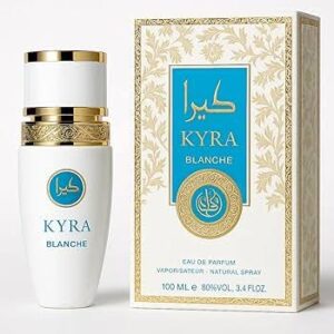 Fotografia real del perfume arabe kyra blanche de cien mililitros de la marca afaq mostrando su frasco blanco de diseño exclusivo de lujo junto a su caja elegante