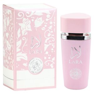 Fotografia real del perfume arabe lara pink de cien mililitros de la marca al wataniah mostrando su frasco rosa opaco con relieves y tapon dorado de lujo junto a su caja elegante