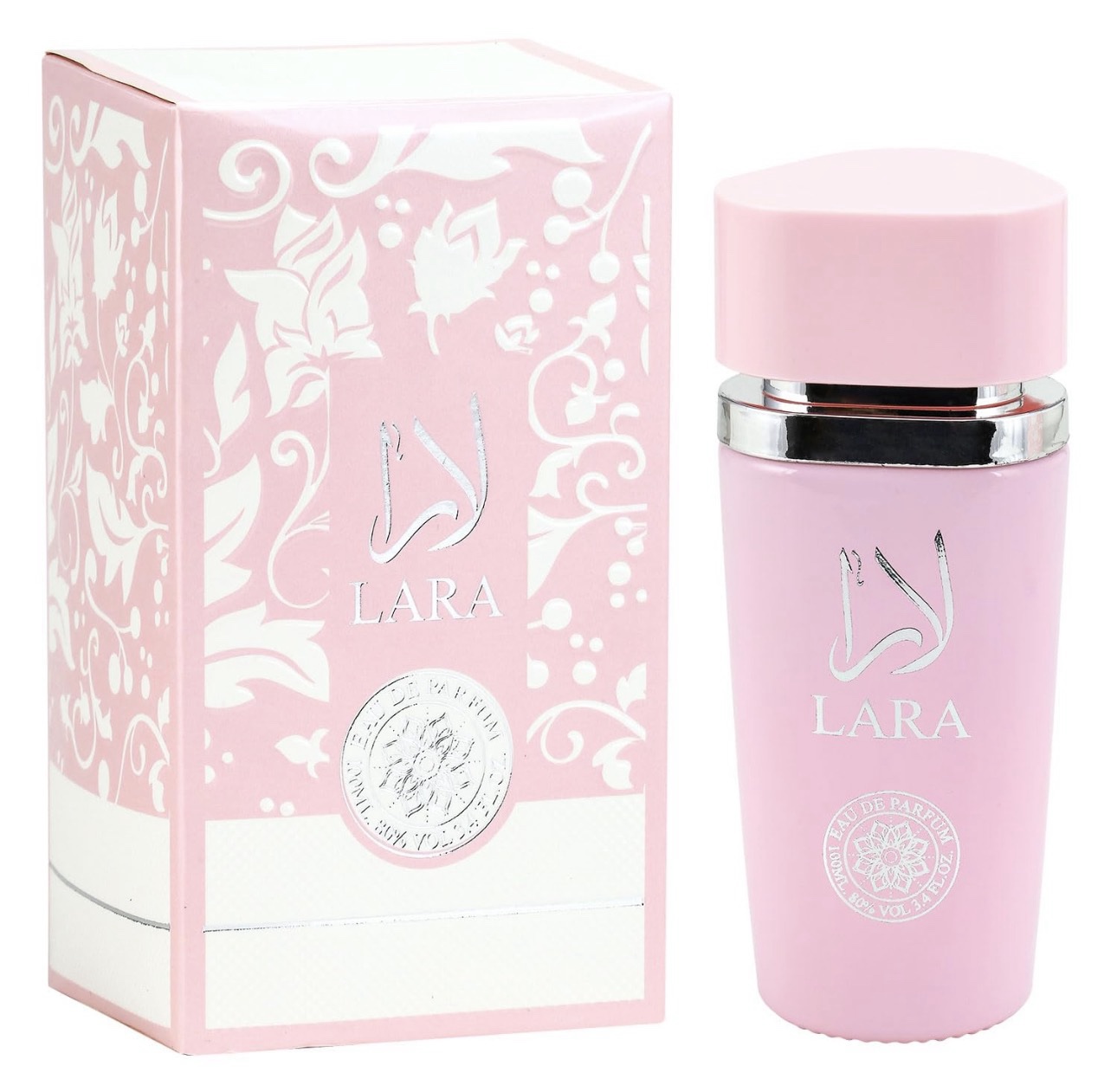 Perfume Arabe Lara Pink Al Wataniah Original 👑 Fotografia real del perfume arabe lara pink de cien mililitros de la marca al wataniah mostrando su frasco rosa opaco con relieves y tapon dorado de lujo junto a su caja elegante