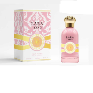 Fotografia real del perfume arabe lara yang de cien mililitros de la marca sensinity mostrando su frasco exclusivo de diseño oriental junto a su caja elegante