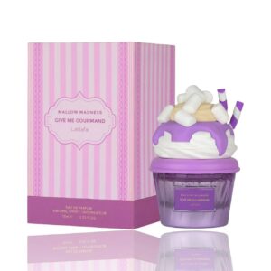 Fotografia real del perfume arabe mallow madness de cien mililitros de la marca lattafa mostrando su frasco exclusivo gourmet junto a su caja elegante de lujo
