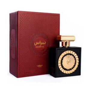 Fotografia real del perfume arabe nebras de cien mililitros de la linea lattafa pride mostrando su frasco de lujo con tapa circular dorada junto a su estuche elegante