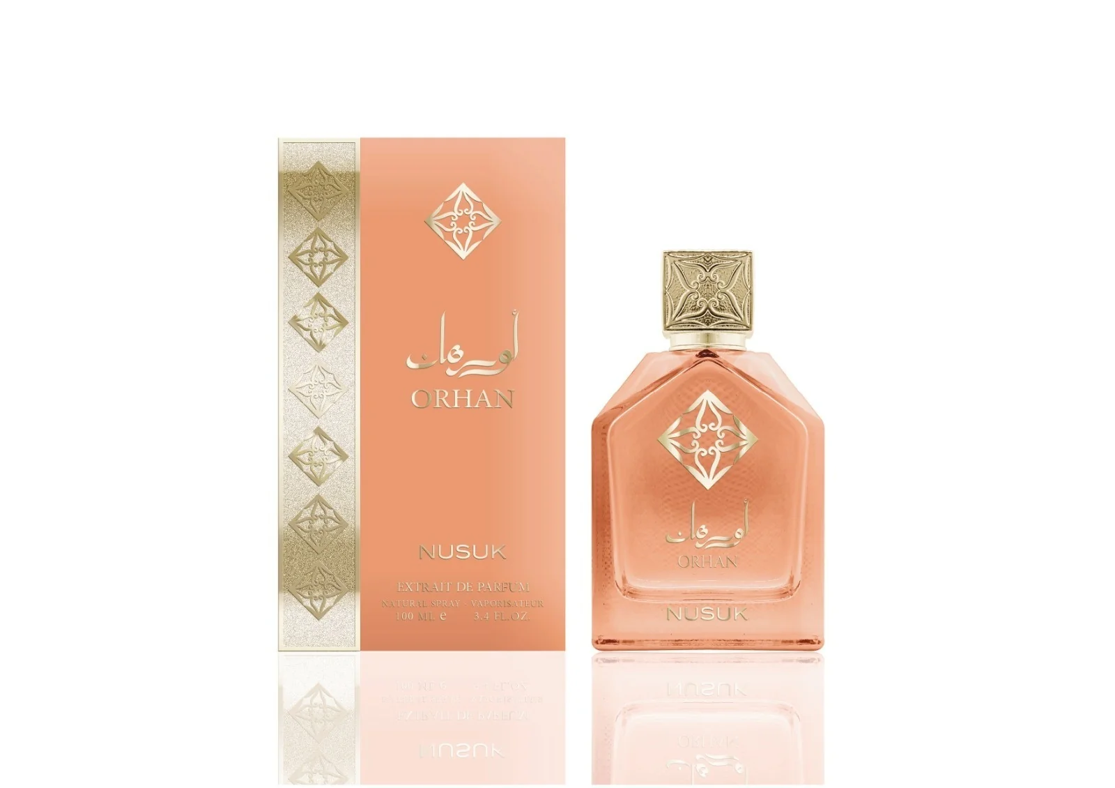 Perfume Arabe Nusuk Orhan Original 👑 Fotografia real del perfume arabe nusuk orhan de cien mililitros mostrando su frasco elegante de diseño oriental de lujo junto a su caja elegante