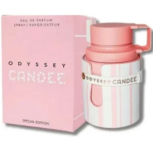 Fotografia real del perfume arabe odyssey candee de cien mililitros de la marca armaf mostrando su frasco exclusivo de diseño cilindrico junto a su caja elegante