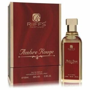 Fotografia real del perfume arabe riiffs ambre rouge de cien mililitros mostrando su lujoso frasco rojo cristalino con detalles dorados junto a su caja elegante