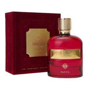 Fotografia real del perfume arabe riiffs angelique extract de cien mililitros mostrando su frasco elegante de diseño oriental premium junto a su caja de lujo