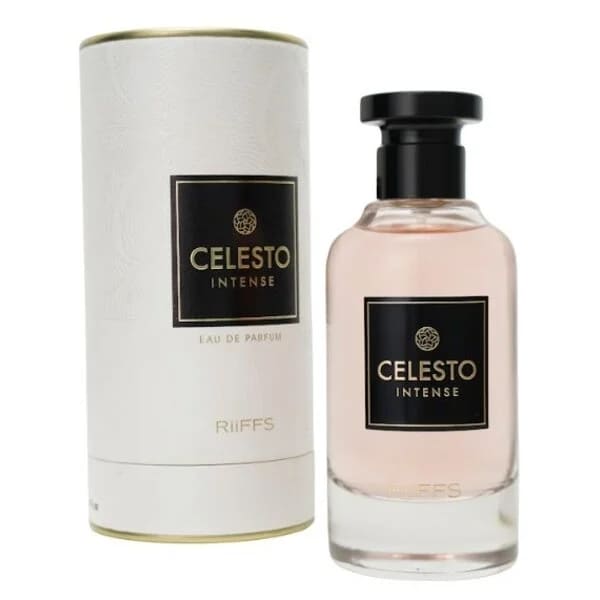 Perfume Arabe Riiffs Celesto Intense Original 👑 Fotografia real del perfume arabe riiffs celesto intense de cien mililitros mostrando su frasco exclusivo de diseño premium con detalles dorados junto a su caja elegante